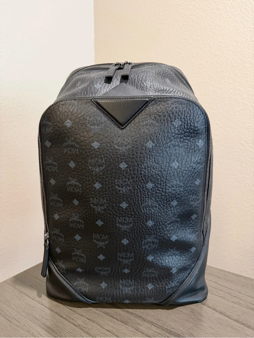 MCM Black Monogram Textured Leather Backpack